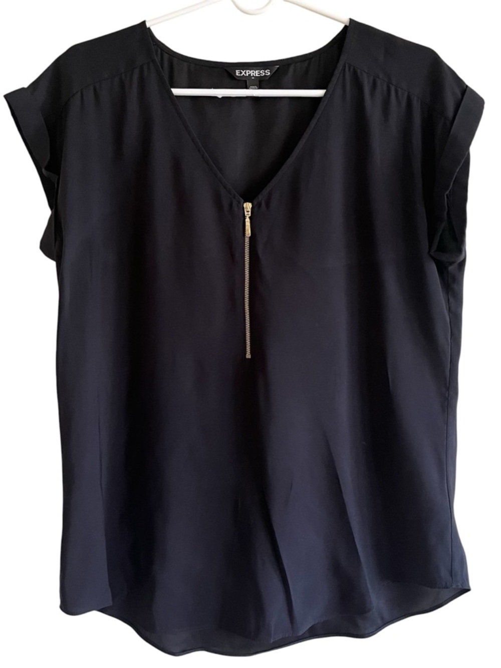 Express Black V-Neck Zip Front Cap Sleeve Blouse Large